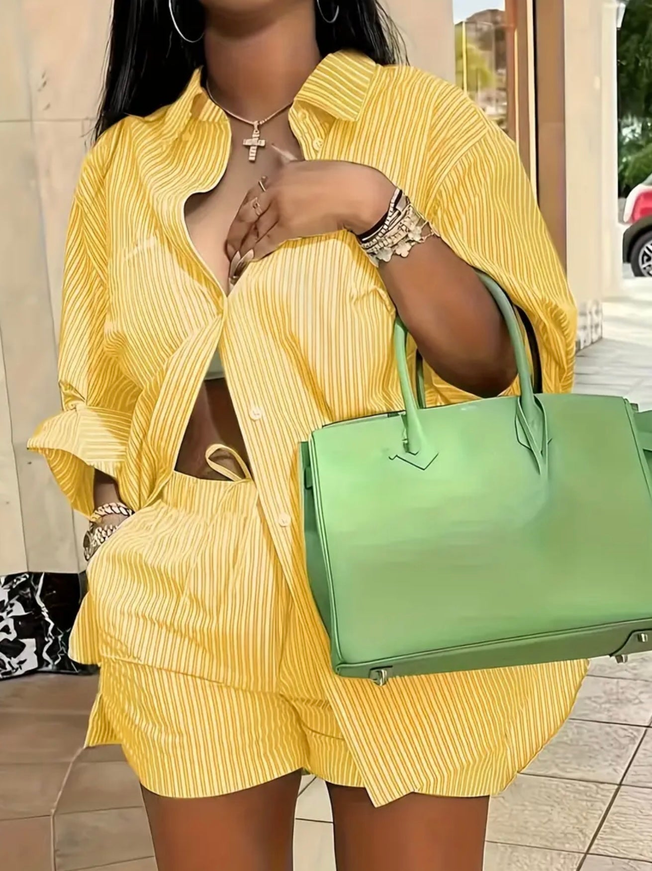 Casual Yellow Stripe Two Piece Short Set - Missy's Diamond Boutique