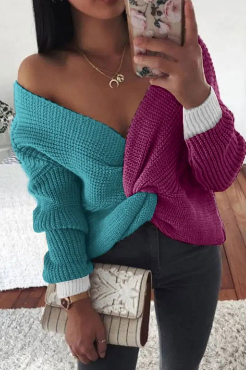 2 Tone V - Neck Sweater - Missy's Diamond Boutique