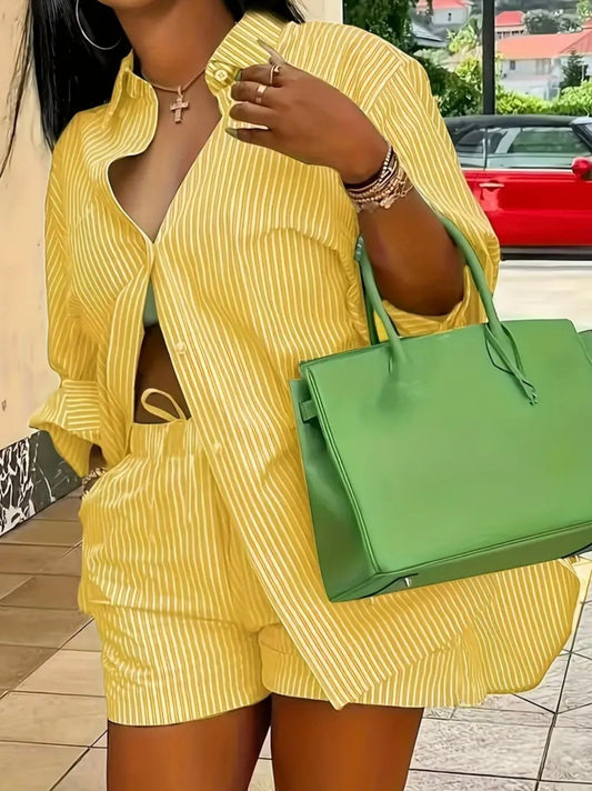 Casual Yellow Stripe Two Piece Short Set - Missy's Diamond Boutique