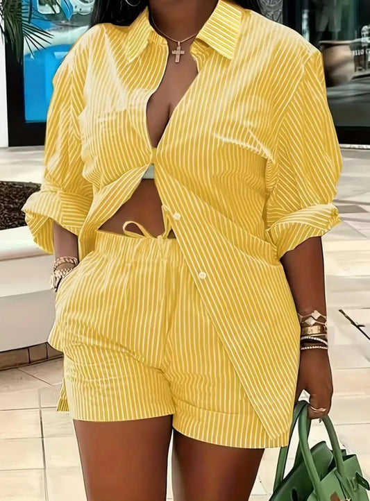 Casual Yellow Stripe Two Piece Short Set - Missy's Diamond Boutique