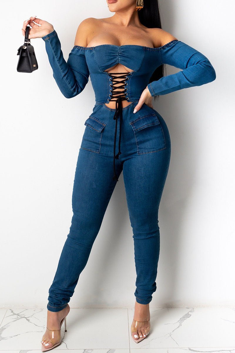 Dark Blue Off Shoulder Jumpsuit - Missy's Diamond Boutique