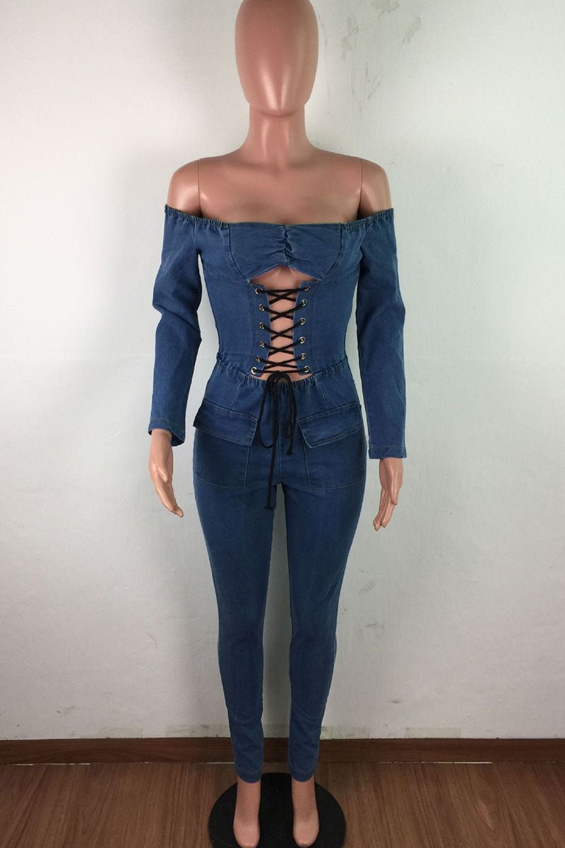 Dark Blue Off Shoulder Jumpsuit - Missy's Diamond Boutique