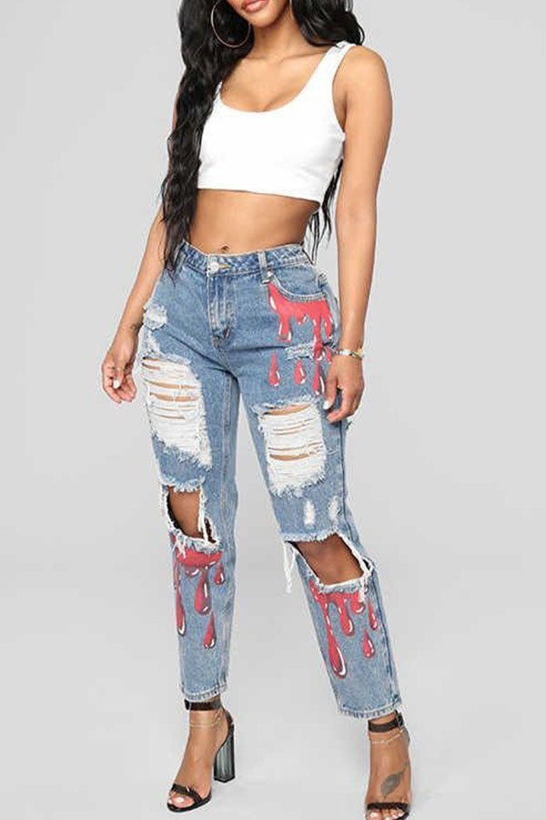 Light Blue Ripped & Drip Jeans - Missy's Diamond Boutique