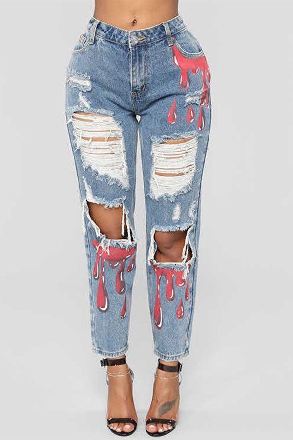 Light Blue Ripped & Drip Jeans - Missy's Diamond Boutique