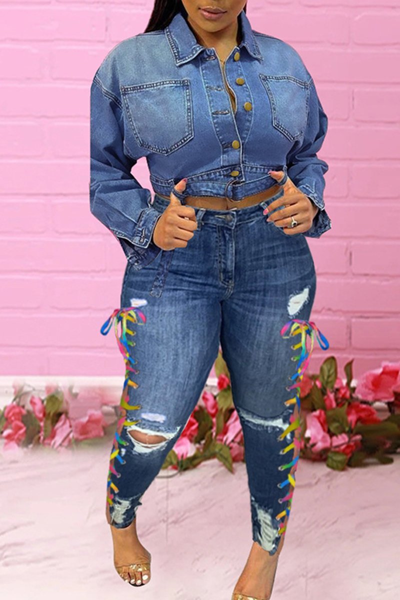 Ripped Denim Side Lace Up Thick Gurlz Jeans - Missy's Diamond Boutique