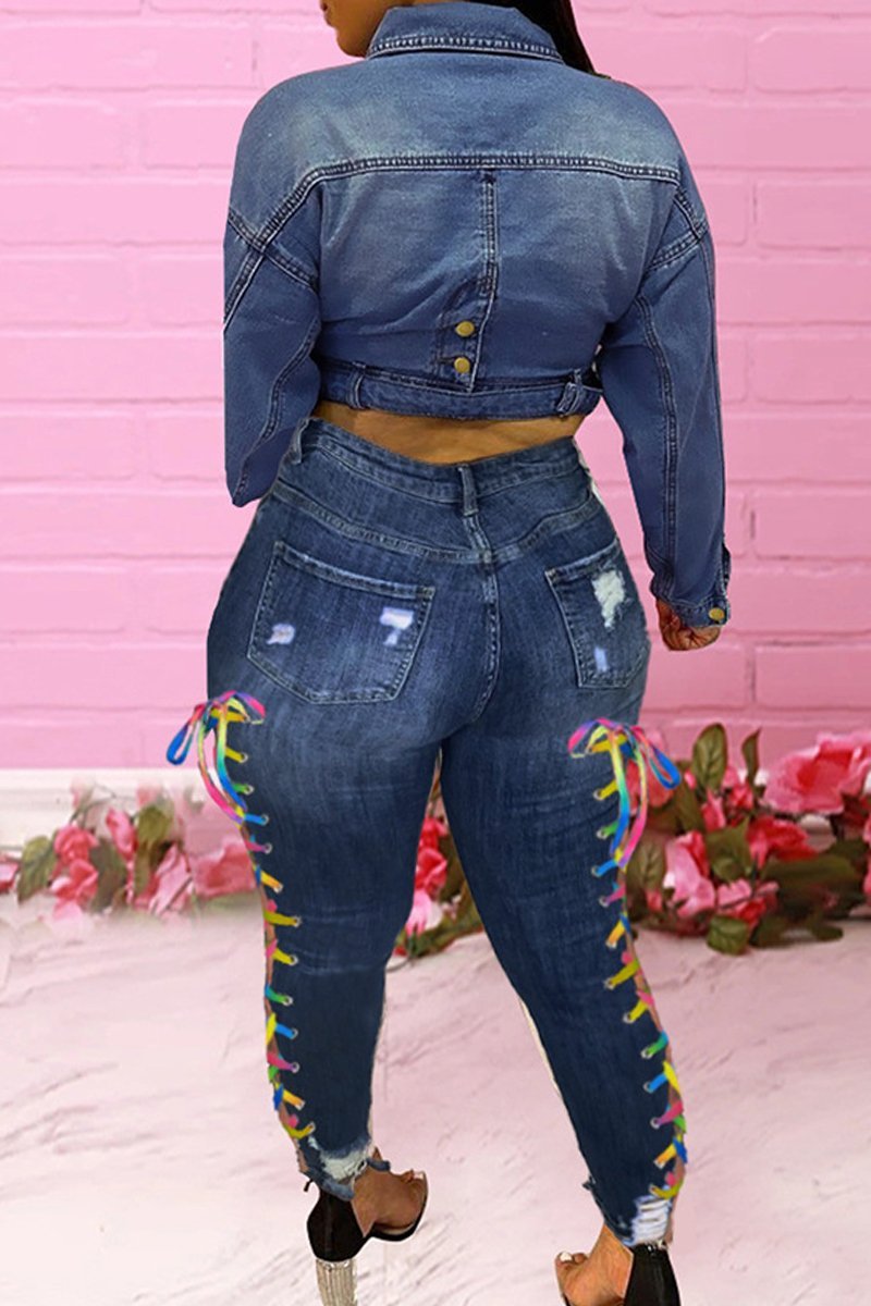 Ripped Denim Side Lace Up Thick Gurlz Jeans - Missy's Diamond Boutique