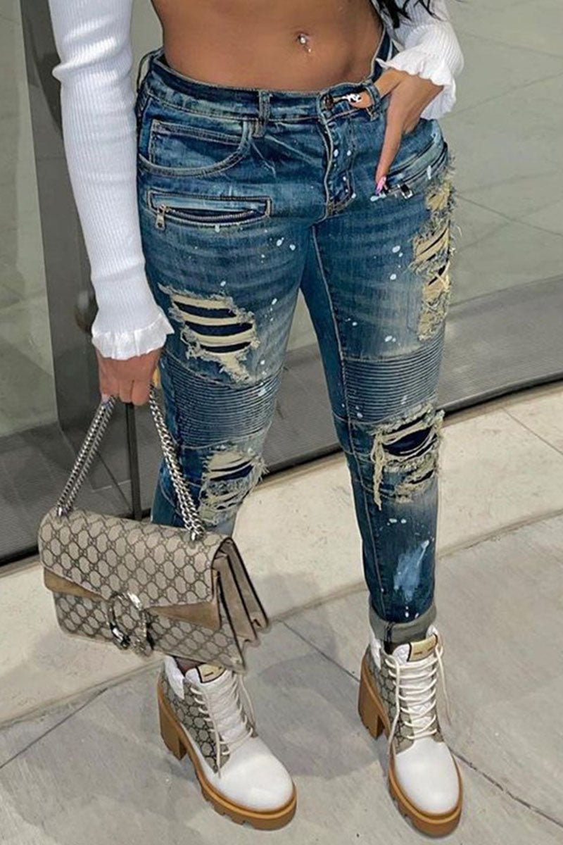 Ripped Denim Splash Jeans - Missy's Diamond Boutique